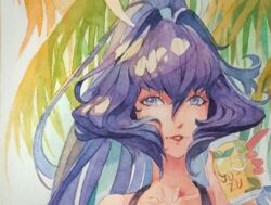  black_tank_top blue_eyes blue_hair can collarbone commentary female hair_between_eyes hair_intakes holding holding_can light_smile mitsurugi_meiya muv-luv painting_(medium) parted_lips philiera plant ponytail portrait russian_commentary solo tank_top traditional_media watercolor_(medium) 