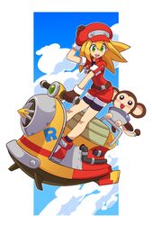  :d belt bike_shorts bike_shorts_under_shorts blonde_hair brown_gloves cabbie_hat cloud cloudy_sky data_(mega_man) female full_body gloves green_eyes handlebar hat highres hover_scooter hover_vehicle jacket jumpsuit long_hair looking_down mega_man_(series) mega_man_legends_(series) mega_man_legends_3 monkey omeehayo open_mouth red_headwear red_jumpsuit red_shorts roll_caskett_(mega_man) short_sleeves shorts sky smile 