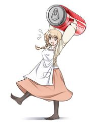  100_percent_orange_juice apron black_legwear braid brown_eyes can coca-cola drink_can examon_(sigemaultraexa) female flying_red_barrel flying_sweatdrops full_body highres holding holding_can leg_up light_brown_hair marc_(orange_juice) no_shoes open_mouth orange_skirt oversized_object pocket shirt short_hair simple_background skirt soda_can solo toes white_background yellow_shirt 