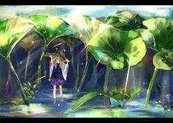  blonde_hair commentary covered_mouth day female green_eyes hair_ribbon hands_on_headwear hands_up highres letterboxed light_rays lily_pad long_hair looking_at_viewer moriya_suwako moss nature outdoors purple_skirt purple_vest red_ribbon ribbon shirt skirt solo sunbeam sunlight touhou turtleneck vest wading water white_shirt wide_shot wide_sleeves zhu_xiang 