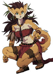  anklet aqua_eyes black_hair body_fur breasts cat_tail claws earrings female furry furry_female hoop_earrings jewelry long_hair medium_breasts messy_hair necklace open_mouth original pelvic_curtain ring sandals simple_background solo strapless tail teko_(tawake) tribal tube_top twitter_username white_background 