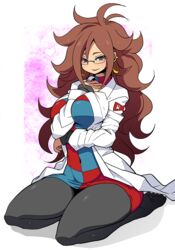  android_21 between_breasts black_pantyhose blue_eyes breasts brown_hair checkered_clothes checkered_dress commentary_request covered_navel dragon_ball dragon_ball_fighterz dress earrings female glasses heart hoop_earrings jewelry kara_age lab_coat large_breasts long_hair long_sleeves looking_at_viewer messy_hair multicolored_clothes multicolored_dress no_shoes open_clothes pantyhose red_ribbon_army short_dress sitting smile solo turtleneck very_long_hair wariza 