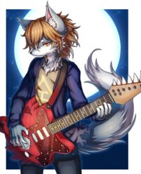  amber_eyes anthro brown_hair canid canine canis claws clothing guitar hair hi_res japanese_text kintaurus_(show_by_rock!!) male mammal moon musical_instrument myumon night plucked_string_instrument sanrio short_hair show_by_rock!! solo string_instrument text tsu_ji wolf 