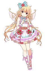  ahoge ankle_lace-up bare_shoulders blonde_hair blue_bow blush bow bracelet braid brown_eyes commentary_request cross-laced_footwear cross-laced_sandals dated dress fairy_wings fake_wings female flower flower_ornament food frilled_dress frills fruit full_body futaba_anzu hair_flower hair_ornament hairbow heart heart_hands highres idolmaster idolmaster_cinderella_girls idolmaster_cinderella_girls_starlight_stage jewelry layered_dress long_hair looking_at_viewer neck_ribbon pearl_bracelet polka_dot polka_dot_bow ribbon saki_(pixy0911) sandals simple_background smile solo spaghetti_strap standing strawberry striped striped_ribbon transparent_bow twintails v-shaped_eyebrows very_long_hair white_background wings wrist_cuffs 