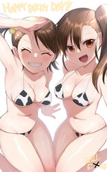  2girls :d ^_^ animal_print armpits bikini blush breasts brown_eyes clenched_teeth closed_eyes collarbone cow_print cow_print_bikini dated futami_ami futami_mami hair_between_eyes happy_birthday highres idolmaster idolmaster_(classic) kneeling konboi-eg long_hair looking_at_viewer medium_breasts multiple_girls navel open_mouth print_bikini short_hair siblings side_ponytail simple_background sisters smile swimsuit teeth twins white_background white_bikini 