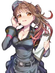  army blush breasts brown_eyes brown_hair carol_(vivid_army) cleavage commentary_request female game_cg hat headset holding large_breasts long_hair looking_at_viewer mikazuki_akira! military military_hat military_uniform second-party_source shy skirt solo uniform vivid_army white_background 