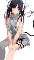  black_hair black_ribbon blush breasts closed_mouth commentary_request demon_girl demon_horns demon_tail feet_out_of_frame female grey_sweater grey_thighhighs haikeiyu hair_ribbon highres horns invisible_chair kojo_anna kojo_anna_(3rd_costume) leg_ribbon long_hair looking_at_viewer medium_breasts meme_attire multicolored_hair nanashi_inc. official_alternate_costume pointy_ears purple_hair ribbon sideboob simple_background sitting smile solo sugar_lyric sweater tail thighhighs twintails two-tone_hair virgin_killer_sweater virtual_youtuber watch white_background white_ribbon wristwatch yellow_eyes 