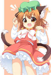  :3 :d animal_ear_fluff animal_ear_piercing animal_ears arms_up bloomers blush_stickers bow bowtie brown_background brown_eyes brown_hair cat_ears cat_tail chen commentary_request drop_shadow female green_hat hat highres jewelry leaning_back long_sleeves looking_at_viewer mob_cap multiple_tails oerba_yun_fang open_mouth partial_commentary paw_pose petticoat pila-pela pink_bow pink_bowtie red_skirt red_vest shirt short_hair skirt smile solo tail touhou two-tone_background underwear vest white_background white_bow white_bowtie white_shirt 