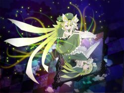  different_reflection dress female fireflies fog gen&#039;ei_wo_kakeru_taiyou gloves green_hair hat long_hair mirror official_art pantyhose reflection shoes solo tomooka_shinpei tsukuyomi_luna very_long_hair yellow_eyes 