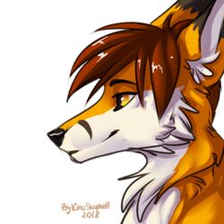  1:1 alric_kyznetsov anthro brown_hair bust_portrait canid canine countershading digital_media_(artwork) fox hair kinsheph low_res male mammal neck_tuft nude portrait red_fox short_hair side_view simple_background smile solo true_fox tuft white_background yellow_eyes 