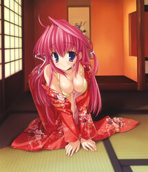  all_fours blue_eyes bra breasts cleavage collar female fukamine_riko gift_(game) hanging_scroll highres japanese_clothes kimono large_breasts lingerie long_hair mitha open_bra photoshop_(medium) pink_hair red_kimono scroll solo tatami tokonoma underwear yellow_bra 