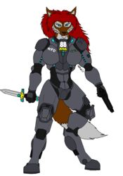  anthro armor ashtrek big_breasts blue_eyes breasts brown_body brown_fur canid canine dagger female fox fur gun hair handgun hi_res machine mammal melee_weapon police power_armor ranged_weapon red_hair science_fiction simple_background solo third-party_edit weapon white_background 