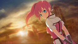  arms_behind_back artist_request black_gloves blue_eyes blush female game_cg gloves hair_ornament highres kureha_(sao:fb) long_hair looking_at_viewer looking_back official_art outdoors red_hair short_sleeves side_ponytail sidelocks smile solo standing sunset sword_art_online sword_art_online:_fatal_bullet upper_body 