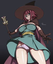  angry aqua_eyes artist_name ass_visible_through_thighs breasts cameltoe cape cleavage commentary_request female from_below glasses gloves goblin_slayer! grey_background hat highres large_breasts looking_at_viewer looking_down onomeshin panties pantyshot photoshop_(medium) plump red_hair simple_background solo staff standing sweat underwear witch_hat wizard_(goblin_slayer!) 