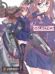  battlestar_galactica black_shoes blue_eyes blue_uniform commission crossover fanart female galactica_chan glasses gloves hires kancolle kantai_collection laura_roslin leg_socks long_hair looking_at_viewer military military_uniform open_mouth orange_hair poster shoes skirt socks space_ship sydusarts thighs turrets uniform weapons 