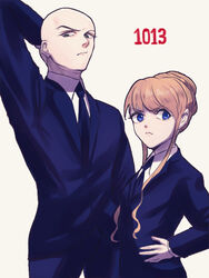  1boy bald biscuit_krueger blonde_hair blue_eyes commentary_request female formal hanzo_(hunter_x_hunter) hunter_x_hunter long_hair moriya_(re_mo_ria) necktie simple_background suit 