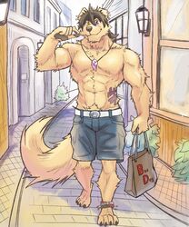  2018 5:6 abs absurd_res anthro belt biceps bottomwear canid canine canis clothed clothing digital_media_(artwork) domestic_dog fur hair heterochromia hi_res kemono male mammal muscular muscular_anthro muscular_male necktie pecs shorts solo tattoo topless tupidwithouts 