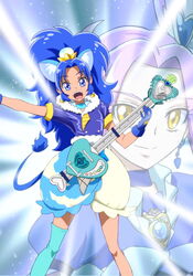  2girls :d animal_ears blue_choker blue_eyes blue_gloves blue_hair blue_shirt blue_skirt blue_theme blue_thighhighs brooch choker closed_mouth cloud_print color_connection commentary_request crown cure_beat cure_gelato earrings electric_guitar extra_ears gloves gold_crown guitar happy heart heart_brooch instrument jewelry kirakira_precure_a_la_mode kurokawa_eren layered_skirt lion_ears lion_tail long_hair looking_at_viewer love_guitar_rod magical_girl mini_crown moritakusan multiple_girls open_mouth parted_bangs pointed_crown precure print_skirt purple_hair seiren_(suite_precure) shirt single_thighhigh skirt smile suite_precure tail tategami_aoi teeth thighhighs white_skirt yellow_eyes 