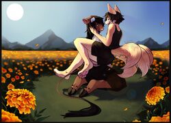  2015 ambiguous_gender anthro bovid bovine canid canine cattle duo eyewear female fennec_fox field fireflufferz flower foof_(character) fox fur glasses grass hair hi_res mammal marigold_(flower) miomu_(character) mountain multi_tail open_mouth outside plant shen_(character) smile tail true_fox 