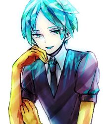  1other androgynous aqua_eyes aqua_hair blue_hair commentary_request crystal_hair gem_uniform_(houseki_no_kuni) golden_arms green_eyes grin houseki_no_kuni looking_at_viewer necktie other_focus phosphophyllite roji_(rozio) short_hair smile solo spoilers upper_body white_background 