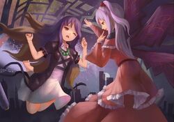  2girls beads demon_wings frills gradient_hair hair_ornament hijiri_byakuren multicolored_hair multiple_girls one_eye_closed one_side_up parody purple_eyes robe scroll shinki_(touhou) sorcerer&#039;s_sutra_scroll symposium_of_post-mysticism touhou touhou_(pc-98) white_hair wide_sleeves wings yanmenglong1999 