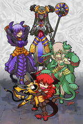  5girls armor armored_dress arthropod_girl blood boots breasts cable commentary_request corset curly_hair demon_girl demon_tail eyeshadow faulds gauntlets green_eyes grin hair_over_one_eye horns hug leaf long_hair makeup maou_beluzel medium_breasts monster_girl multiple_girls narrow_waist nise_maou_dokuzeru nise_maou_kanizeru nise_maou_kikaizeru nise_maou_sukaraberu oerba_yun_fang pantyhose photoshop_(medium) pink_hair plant plant_girl pointing pubic_hair purple_eyes red_eyes red_hair robot robot_ears scales sharp_teeth short_hair skirt smile staff tail takahashi_note teeth venus_flytrap yuusha_to_maou 