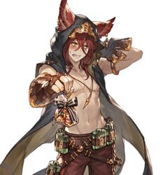  1boy animal_ears arm_behind_head clenched_teeth earrings ears_through_headwear elmott erune fingerless_gloves gift gift_bag gloves granblue_fantasy incoming_gift jewelry looking_away male_focus minaba_hideo necklace official_art solo tan teeth topless_male transparent_background upper_body white_day 