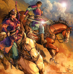  2boys animal arm_guards armor battle belt boots bow_(weapon) breastplate brown_footwear brown_hair carrying carrying_under_arm cloud commentary_request cross_scar day dust_cloud faulds fingerless_gloves glint gloves grin hair_between_eyes hakurei_(kingdom) half_updo holding holding_sword holding_weapon horse horseback_riding kingdom_(series) kouyoku_(kingdom) leaning_back long_hair long_sleeves looking_at_another male_focus manly multiple_boys outdoors pants pauldrons photoshop_(medium) profile riding saddle sash scar scar_on_cheek scar_on_face shoulder_armor signature sky smile smirk sun sword topknot unsheathed weapon yona_(edenkasuga) 