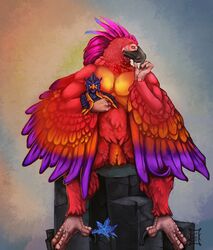  ambiguous_gender animal_genitalia arakkoa avian blizzard_entertainment cloaca colorful_theme feathered_wings feathers feet flower genitals hi_res plant plushie purple_body purple_feathers red_body red_feathers silenceartwork solo talons toes vertical_cloaca warcraft wings 