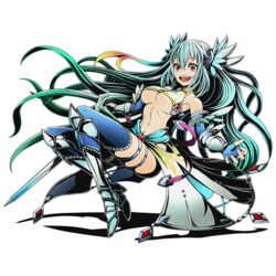  aqua_hair armor armored_boots blue_gloves blue_thighhighs boots breasts cleavage cthulu_(road_to_dragons) divine_gate female fingerless_gloves floating_hair full_body gloves green_hair hair_between_eyes holding holding_sword holding_weapon long_hair medium_breasts midriff multicolored_hair navel official_art open_mouth orange_eyes road_to_dragons solo sword thigh_strap thighhighs transparent_background two-tone_hair ucmm underboob very_long_hair weapon 