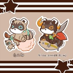  1:1 2018 anthro doggiemonkey duo fur grey_body grey_fur japanese_text kurojirou low_res male mammal marine one_eye_closed procyonid raccoon shirojirou text vtuber wink 