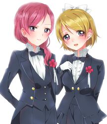  2girls blush boutonniere bow bowtie brown_hair center_frills commentary_request crossdressing flower formal frills gloves highres koizumi_hanayo lapel_pin lapels love_live! love_live!_school_idol_project love_wing_bell multiple_girls nishikino_maki notched_lapels open_mouth purple_eyes red_hair shawl_lapels short_hair simple_background skirt smile sorimachi-doufu suit tailcoat tuxedo waistcoat white_background 