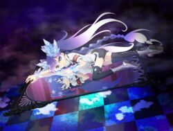  blue_eyes blue_hair boots braid checkered different_reflection earrings female fog gen&#039;ei_wo_kakeru_taiyou hoshikawa_seira ice jewelry lying mirror navel official_art purple_eyes purple_hair reflection shorts solo sparkle thighhighs tomooka_shinpei twintails 