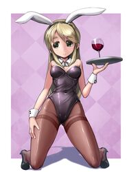  alcohol animal_ears ascot blonde_hair commentary_request cup detached_collar drinking_glass fake_animal_ears female green_eyes high_heels highres kneeling long_hair original pantyhose playboy_bunny rabbit_ears solo thighband_pantyhose tray wine wine_glass wrist_cuffs you_naka 