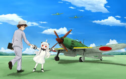  1boy :d a7m_reppuu abyssal_ship age_difference ahoge aircraft airplane barefoot black_eyes black_hair blue_sky brown_footwear closed_mouth cloud colored_skin commentary_request crossover day dress female field full_body grass hat height_difference highres horikoshi_jirou horns kantai_collection kaze_tachinu long_hair long_sleeves looking_at_another mittens mob_cap no_shoes northern_ocean_princess open_mouth outdoors pantyhose pointing red_eyes roundel shoe_soles shoes sky smile vehicle_focus white_dress white_hair white_pantyhose white_skin yakuto007 