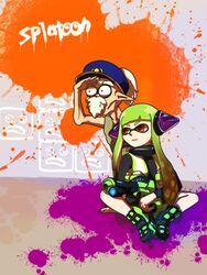  1boy bears character_request commander_atarime female green_hair hat headphones inkling nintendo old_man pointy_ears red_eyes splatoon tentacle_hair white_hair 