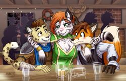  2017 absurd_res alcohol alric_kyznetsov anthro antlers armor ash_(ashkelling) beer beverage blush breasts brown_eyes brown_hair canid canine cleavage clothed clothing crowd detailed_background digital_media_(artwork) dipstick_tail drunk felid female fox fur gloves_(marking) green_eyes group hair heresy_(artist) hi_res horn inside keilani leopard looking_at_another looking_at_another&#039;s_breasts looking_at_breasts male mammal markings multicolored_tail orange_body orange_fur pantherine red_fox red_hair scarf shaded silhouette smaller_version_at_source smile spots stripes substance_intoxication tail tail_markings tan_body tan_fur tavern tiger true_fox water window wreath yellow_eyes 