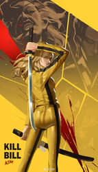  alien_li artist_name beatrix_kiddo blonde_hair bruce_lee&#039;s_jumpsuit copyright_name elle_driver female highres ishii_o-ren katana kill_bill looking_back red_eyes solo source_request standing sword weapon weibo_logo 