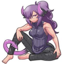  :&lt; alternate_hairstyle bad_id bad_tumblr_id bare_shoulders barefoot bespectacled breasts casual curly_hair demon_girl demon_tail female glasses hair_over_one_eye large_breasts long_hair matsuda_yuusuke nise_maou_kanizeru over-rim_eyewear pants ponytail purple_eyes purple_hair red-framed_eyewear ribbed_sweater semi-rimless_eyewear sitting sleeveless sleeveless_turtleneck solo sweater tail toned turtleneck yuusha_to_maou 