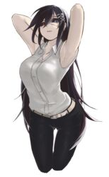  armpits arms_behind_head arms_up belt black_hair black_sclera blue_eyes buttons collared_shirt colored_sclera cropped_legs female hair_ornament heterochromia highres long_hair original pants red_eyes sakura_inu shirt simple_background skull_hair_ornament sleeveless solo stitches thigh_gap very_long_hair white_background white_shirt wing_collar x_hair_ornament 