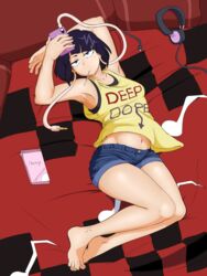  armpits arrow barefoot boku_no_hero_academia breasts clothes_writing commission denim feet half-closed_eyes headphones highres jirou_kyouka lying navel on_back pinup shirt short_shorts shorts small_breasts solo tank_top zero_momentai 