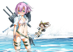  &gt;_&lt; 2girls :d bikini blue_eyes blush brown_hair closed_eyes collarbone commentary_request front-tie_bikini_top front-tie_top gloves hair_between_eyes hair_ribbon horizon kagerou_(kancolle) kantai_collection long_hair looking_at_viewer machinery meme multiple_girls navel ocean open_mouth outdoors photoshop_(medium) ponytail purple_hair ribbon shiranui_(kancolle) short_hair short_ponytail short_sleeves side-tie_bikini_bottom smile sogabe_toshinori swimsuit thigh_strap turret twintails twitter_username wading water waterskiing_(meme) white_bikini white_gloves wind xd 