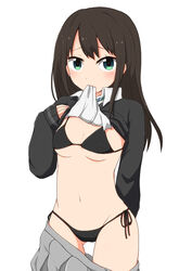  bikini bikini_under_clothes black_bikini brown_hair commentary_request female green_eyes highres hime_ringo idolmaster idolmaster_cinderella_girls long_hair mouth_hold shibuya_rin side-tie_bikini_bottom swimsuit 