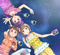  3girls :d bangle bow bracelet braid brown_eyes brown_hair coffee coffee_mug commentary_request cup doughnut dress floral_print food green_eyes hair_bobbles hair_ornament hairbow heads_together hood hoodie jewelry kashiwagi_sumika kujou_ume mug multiple_girls open_mouth orange_hoodie outstretched_arm pastry_box photo_(object) pink_shirt pointing purple_dress purple_hair red_eyes saeki_hina shirt short_hair shorts sleeveless sleeveless_dress sleeveless_shirt smile star_(symbol) starry_background steam tokyo_7th_sisters twin_braids wanibuchi_emoko yellow_shirt yellow_shorts 