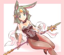  alternate_costume animal_ears blush border bow bowtie breasts cleavage commentary_request detached_collar female green_eyes green_hair hagoromo hair_ornament high_heels highres ishiyumi kaguya-hime_(p&amp;d) leotard long_hair medium_breasts pantyhose playboy_bunny polearm puzzle_&amp;_dragons rabbit_ears shawl smile solo spear weapon wrist_cuffs 