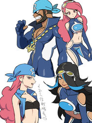  1boy alternate_breast_size alternate_hairstyle alternate_skin_color anchor aogiri_(pokemon) aogiri_(pokemon)_(remake) bandana bare_shoulders beard black_hair blue_hair blue_jacket blue_legwear bodysuit breasts cleavage curly_hair cutout dark_skin diving_suit evil_grin evil_smile eyeshadow facial_hair female fingerless_gloves gloves goggles goggles_on_head grin hair_over_one_eye izumi_(pokemon) izumi_(pokemon)_(remake) jacket lipstick long_hair makeup midriff multicolored_hair multiple_persona muscle navel no_panties pants pink_eyes pink_hair pokemon pokemon_(game) pokemon_oras pokemon_rse red_eyes red_hair short_jacket skin_tight sleeveless smile swimsuit tan team_aqua tubetop two-tone_hair uniform very_long_hair 