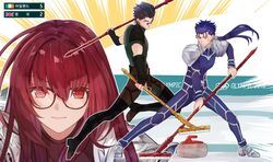  2018_winter_olympics 2boys armor bad_id bad_twitter_id bespectacled blue_hair check_commentary commentary_request cu_chulainn_(fate) cu_chulainn_(fate/stay_night) curling curling_stone diarmuid_ua_duibhne_(lancer)_(fate) fate/grand_order fate/stay_night fate_(series) female gae_bolg_(fate) gae_buidhe_(fate) gae_dearg_(fate) glasses highres irish_flag kim_eun-jung korean_commentary korean_text long_hair mole mole_under_eye multiple_boys olympics pauldrons polearm ponytail purple_hair red-framed_eyewear red_eyes scathach_(fate) shoulder_armor spear tes_wjsn translated weapon 