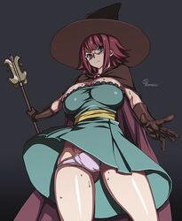  artist_name ass_visible_through_thighs black_background breasts cameltoe cape commentary_request elbow_gloves female glasses gloves goblin_slayer! green_eyes groin hat large_breasts leather leather_gloves looking_at_viewer onomeshin panties pink_panties purple_hair short_hair skindentation solo staff standing sweat thighs underwear upskirt witch_hat wizard_(goblin_slayer!) 