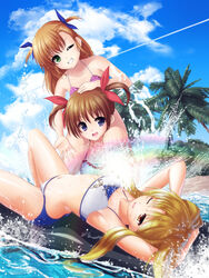  3girls armpits bad_id bad_pixiv_id bikini blonde_hair cloud day fate_testarossa green_eyes grin hair_ribbon highres ishibashi lying lyrical_nanoha mahou_shoujo_lyrical_nanoha mahou_shoujo_lyrical_nanoha_vivid multiple_girls navel one_eye_closed open_mouth outdoors purple_eyes rainbow ribbon short_twintails sky smile swimsuit takamachi_nanoha teeth time_paradox tree twintails two_side_up vivio water yellow_eyes 