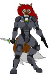  3_tails anthro armor ashtrek big_breasts blue_eyes breasts brown_body brown_fur canid canine dagger female fox fur gun hair handgun hi_res machine mammal melee_weapon multi_tail police power_armor ranged_weapon red_hair science_fiction simple_background solo tail third-party_edit weapon white_background 